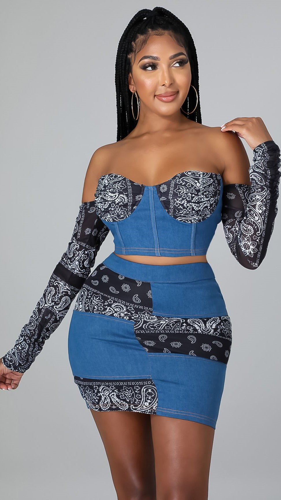 Ensemble en Jean&nbsp; &nbsp;À Manches Courtes Et Mini Jupe Moulante 2 Pièces Tenues en Jean