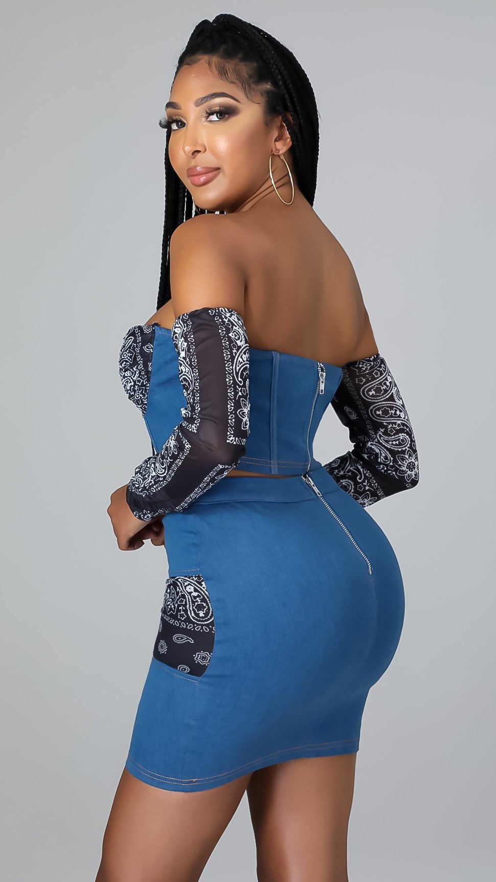 Ensemble en Jean&nbsp; &nbsp;À Manches Courtes Et Mini Jupe Moulante 2 Pièces Tenues en Jean