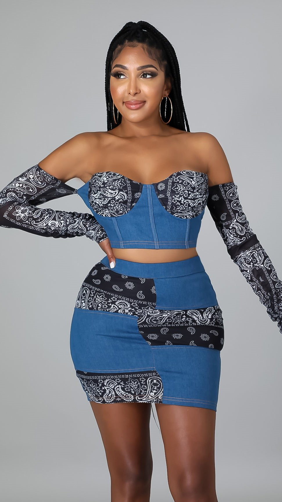 Ensemble en Jean&nbsp; &nbsp;À Manches Courtes Et Mini Jupe Moulante 2 Pièces Tenues en Jean