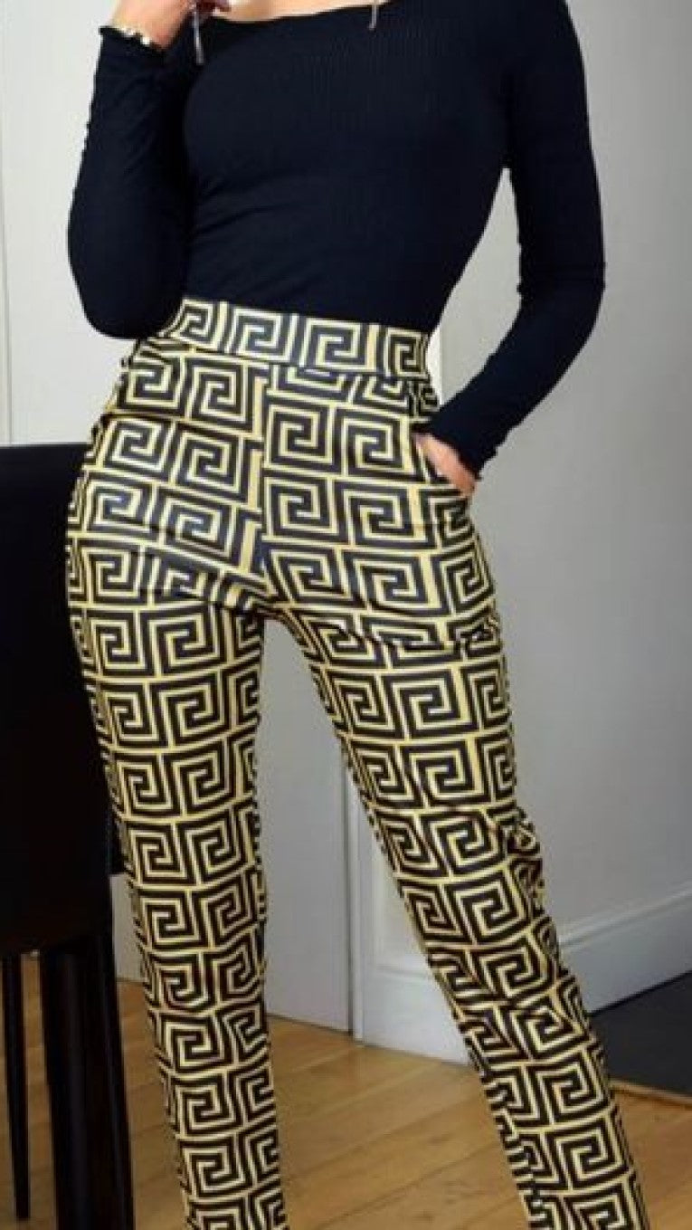 Pantalon femme large imprimé géométrique motif grec taille haute