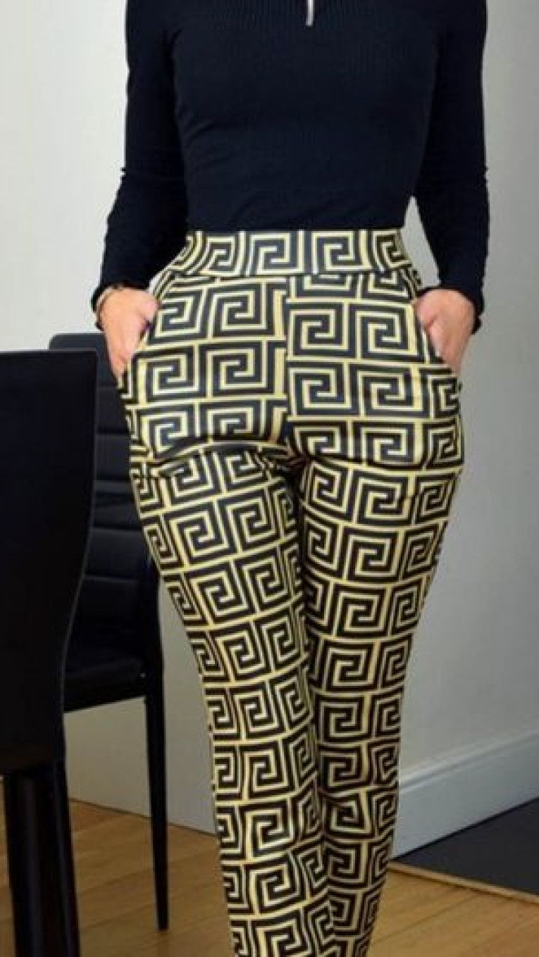 Pantalon femme large imprimé géométrique motif grec taille haute