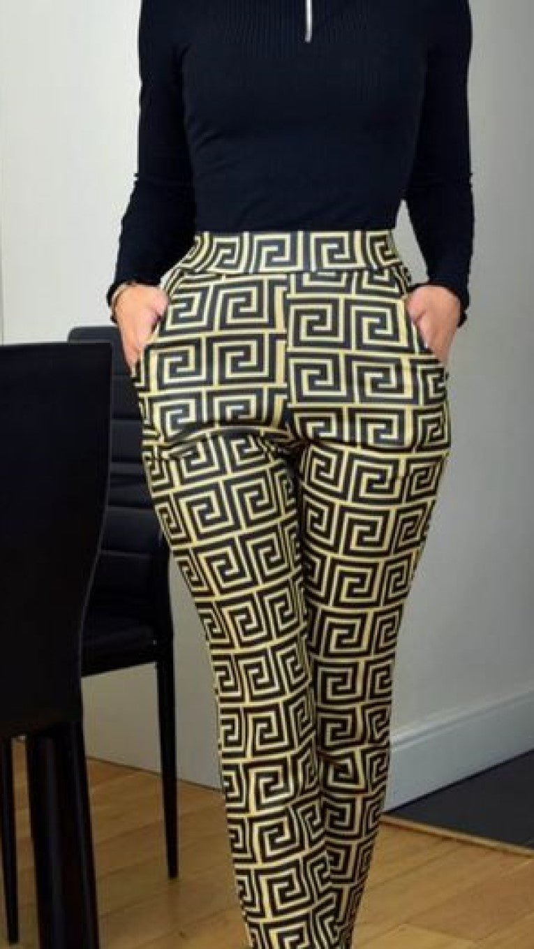 Pantalon femme large imprimé géométrique motif grec taille haute