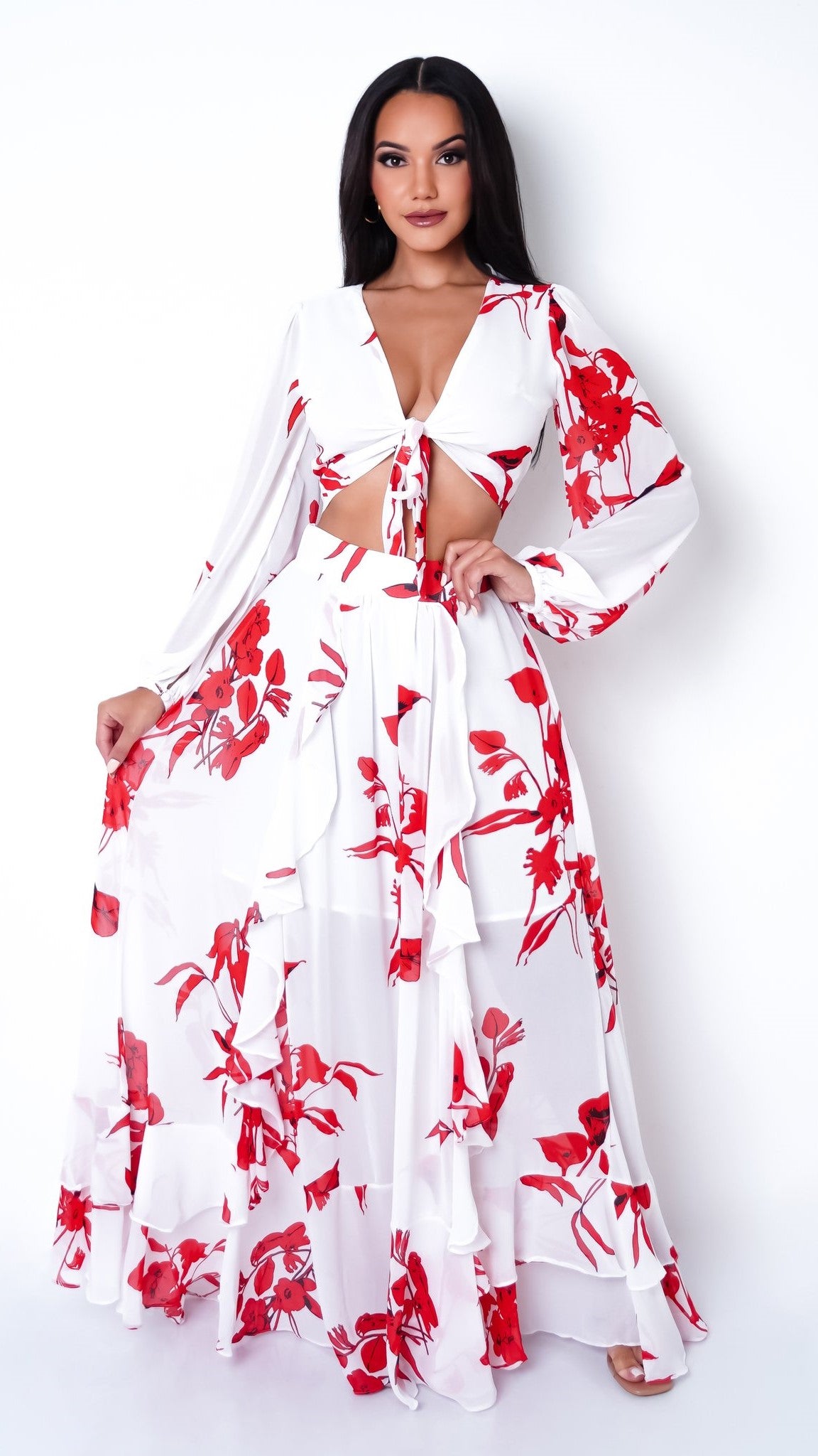 Ensemble jupe fleurie en longue manche décontracté