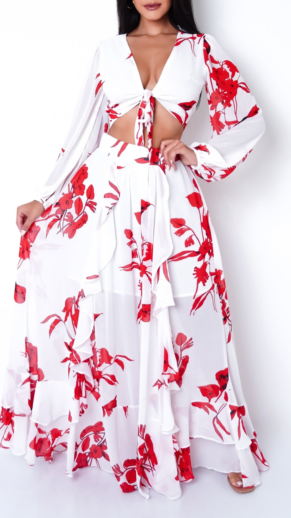 Ensemble jupe fleurie en longue manche décontracté