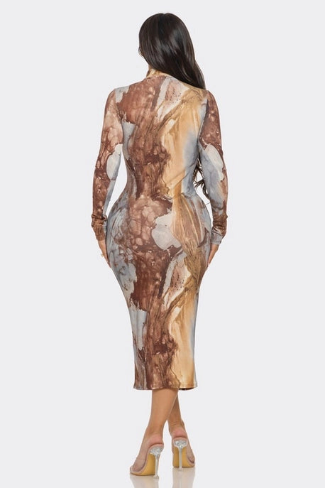 ROBE MIDI MOULANTE À COL HAUT ET MANCHES LONGUES
