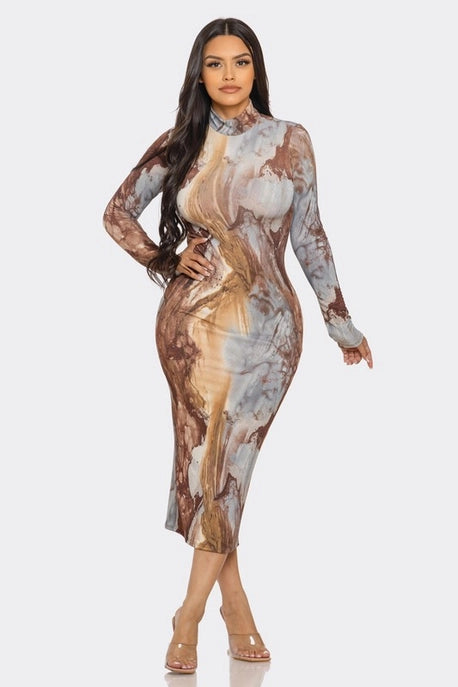 ROBE MIDI MOULANTE À COL HAUT ET MANCHES LONGUES