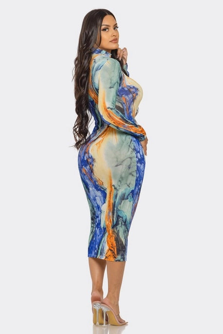 ROBE MIDI MOULANTE À COL HAUT ET MANCHES LONGUES