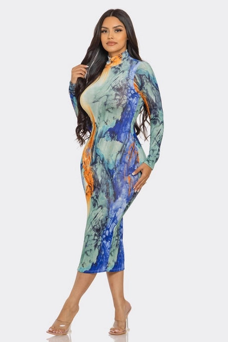 ROBE MIDI MOULANTE À COL HAUT ET MANCHES LONGUES
