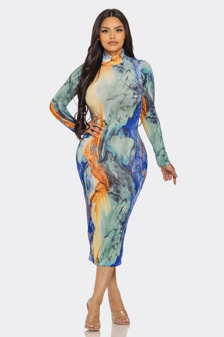 ROBE MIDI MOULANTE À COL HAUT ET MANCHES LONGUES