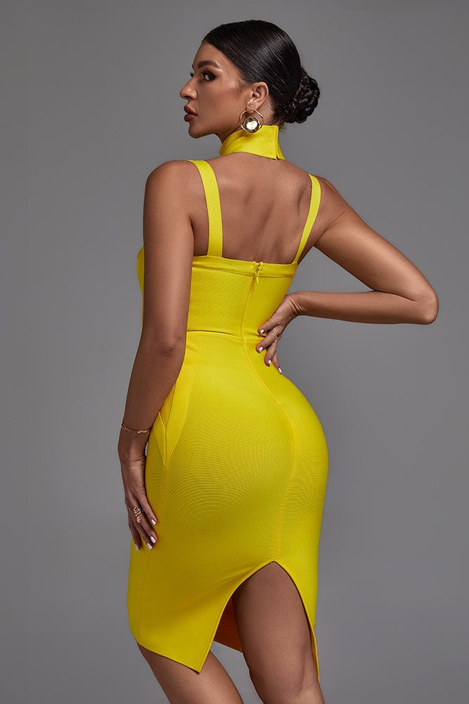 Découvrez cette robe bandage jaune éclatante, conçue pour les soirées mémorables.