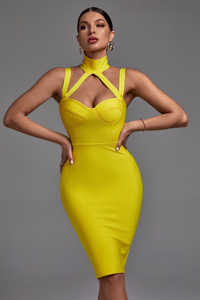 Découvrez cette robe bandage jaune éclatante, conçue pour les soirées mémorables.