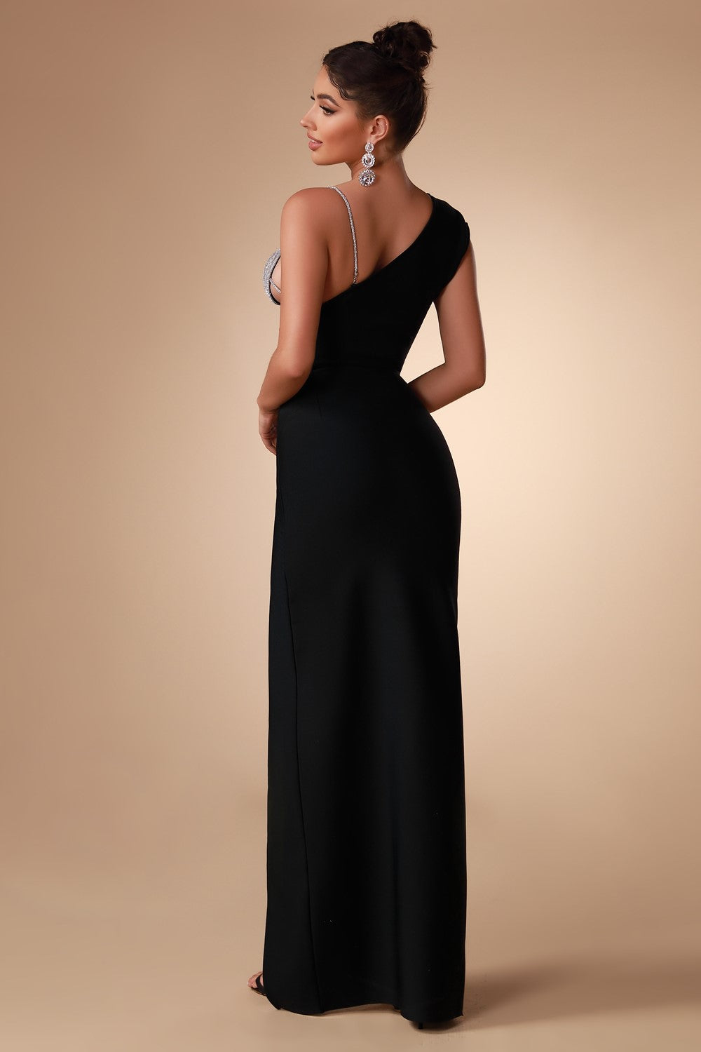 Robe Bandage Moulante et Sexy pour Femme, Épaule Dénudée avec Perles et Diamants, Fente Sublime, Longueur Midi, Fermeture Éclair au Dos, Sans Manches