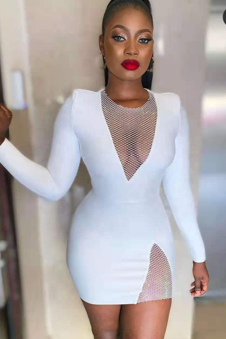 Femmes mode vêtements charme col en v strass moulante fente robes Vestidos En Pedreria à manches longues Mini pansement Club robe