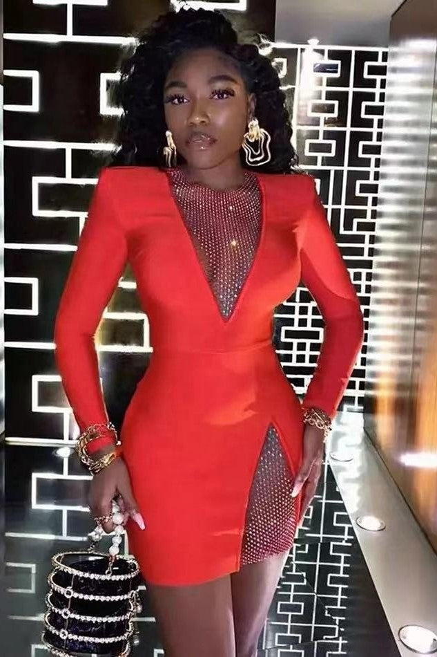 Femmes mode vêtements charme col en v strass moulante fente robes Vestidos En Pedreria à manches longues Mini pansement Club robe