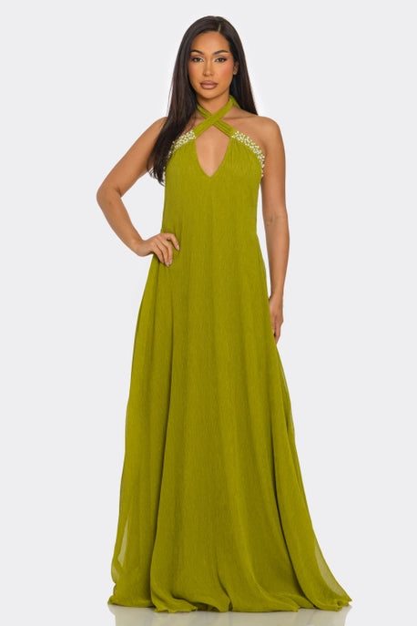 ROBE MAXI DÉCONTRACTÉE À COL EN V ET COL HALTER AVEC PERLES