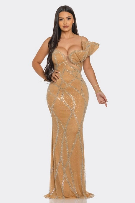 Robe Maxi Asymétrique à Une Épaule en Strass