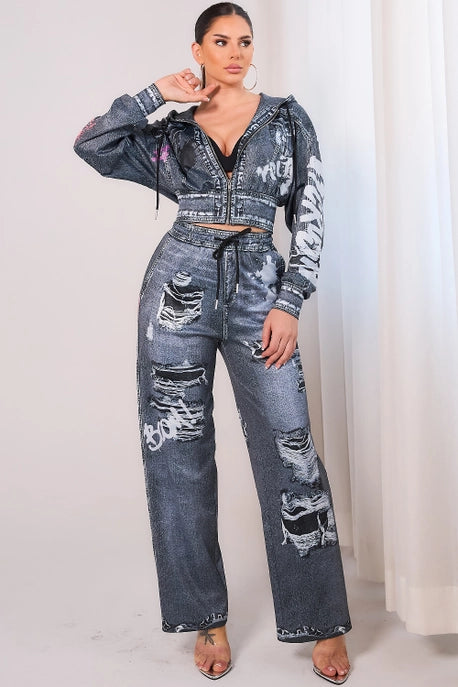 Veste zippée à capuche effet denim UNIQUEMENT