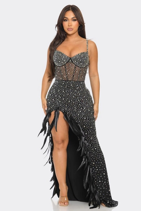 Robe Maxi à Ourlet Plumes et Strass