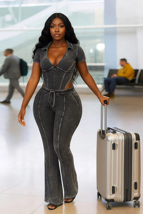 ENSEMBLE BODY ET PANTALON À COL EN V PROFOND LAVAGE MINÉRAL