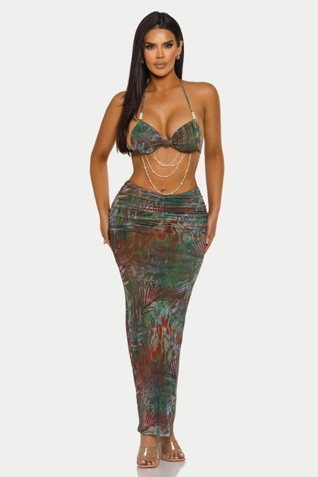 HCCTD13775&ENSEMBLE 2 PIÈCES : SOUTIEN-GORGE À COL HALTER & ROBE LONGUE PLISSÉE