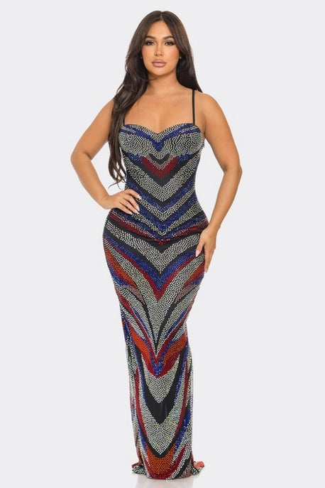 Robe Maxi à Chevrons Multicolores avec Strass