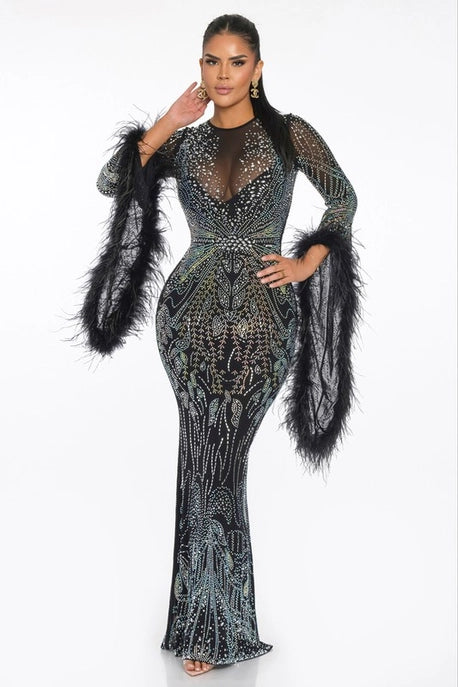 Robe Maxi à Manches Longues en Plumes et Résille Strass