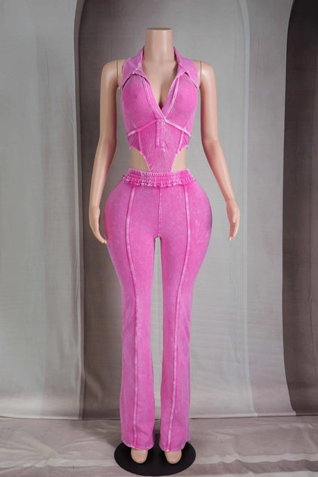 ENSEMBLE BODY À COL LAVÉ MINÉRAL ET PANTALON ÉVASÉ