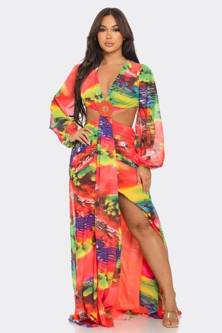 Robe maxi en chiffon imprimé avec découpes
