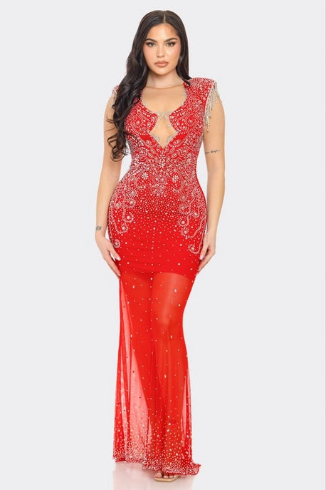 Robe Maxi en Maille Transparente avec Strass