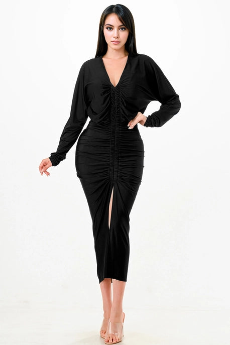 Robe Midi Plissée à Col V