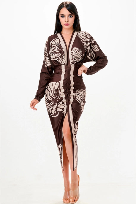 Robe midi plissée à col en V profond floral
