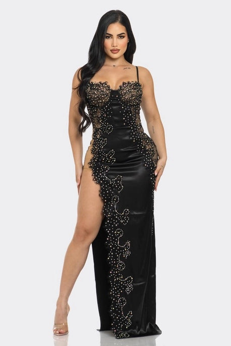 Robe Maxi en Satin avec Dentelle Florale et Strass