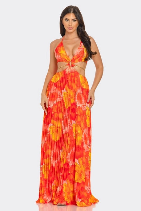 Robe maxi plissée imprimée à lacets et dos nu