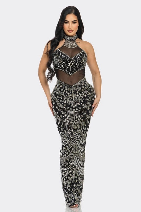 Robe Maxi à Col Ras du Cou avec Strass