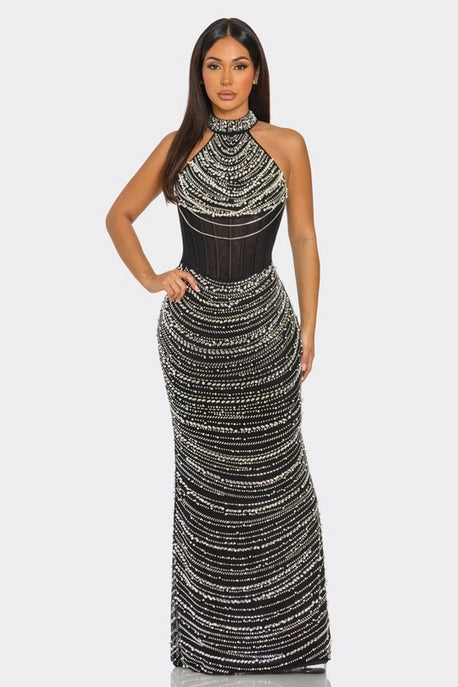 Robe Maxi Sans Manches à Col Roulé en Strass
