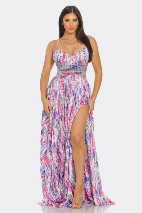 Robe maxi plissée à imprimé aquarelle satinée