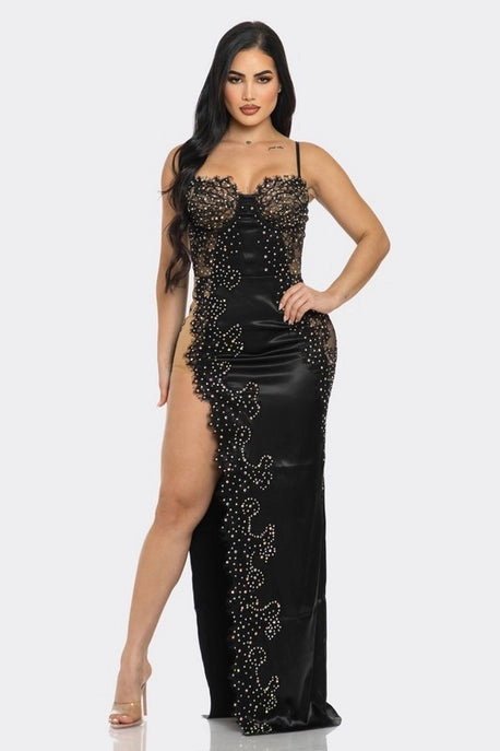 Robe Maxi en Satin avec Dentelle Florale et Strass