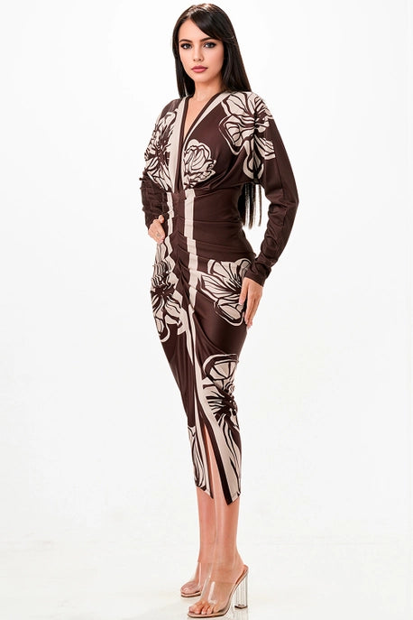 Robe midi plissée à col en V profond floral