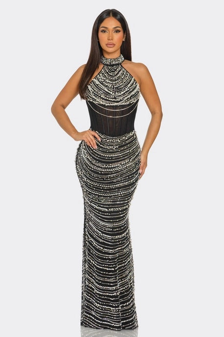 Robe Maxi Sans Manches à Col Roulé en Strass