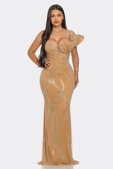 Robe Maxi Asymétrique à Une Épaule en Strass
