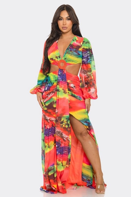 Robe maxi en chiffon imprimé avec découpes