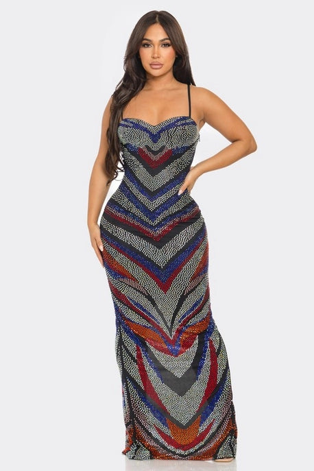 Robe Maxi à Chevrons Multicolores avec Strass