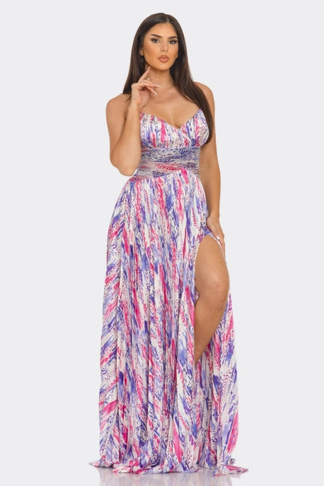 Robe maxi plissée à imprimé aquarelle satinée