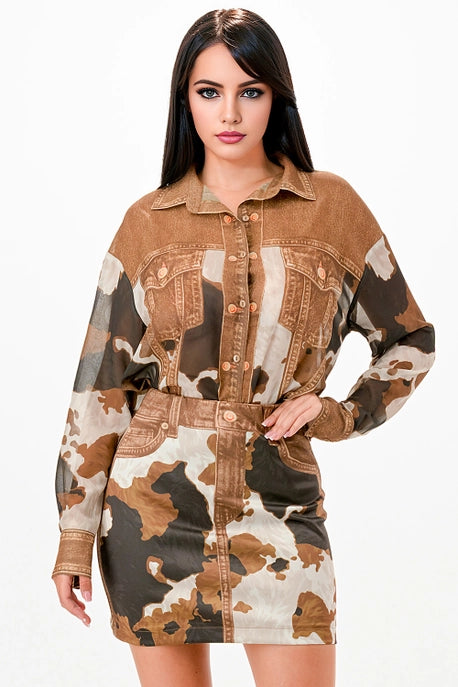 Ensemble blouse et jupe en chiffon effet denim BT6270-SET