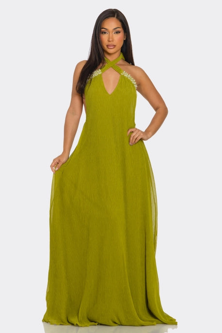 ROBE MAXI DÉCONTRACTÉE À COL EN V ET COL HALTER AVEC PERLES