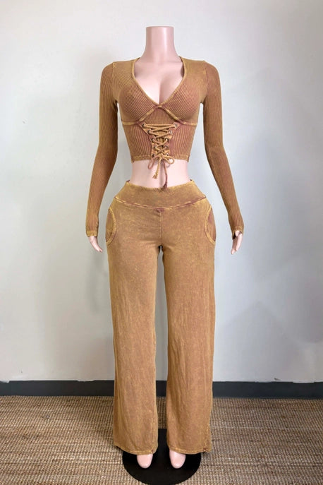 ENSEMBLE HAUT À LACETS DEVANT ET PANTALON DE DÉTENTE LAVÉ MINÉRAL