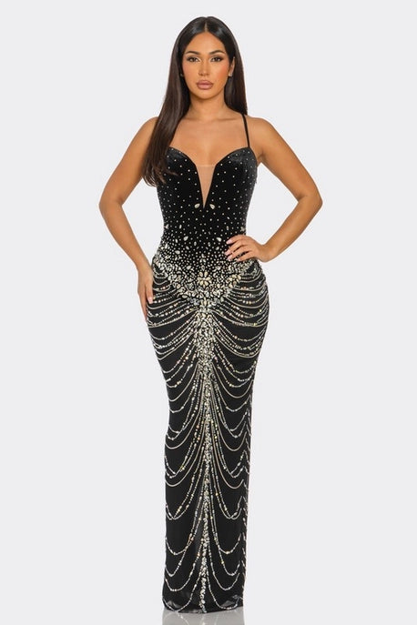 Robe Drapée avec Chaîne Ornée de Strass