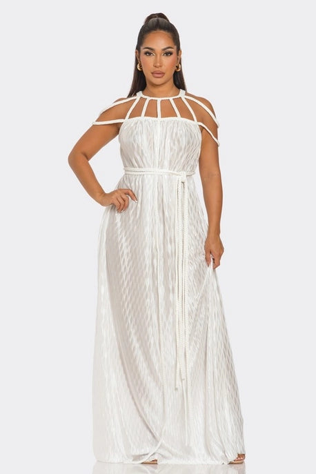 Robe Maxi à Motif de Corde Ondulée Plissée et Tressée