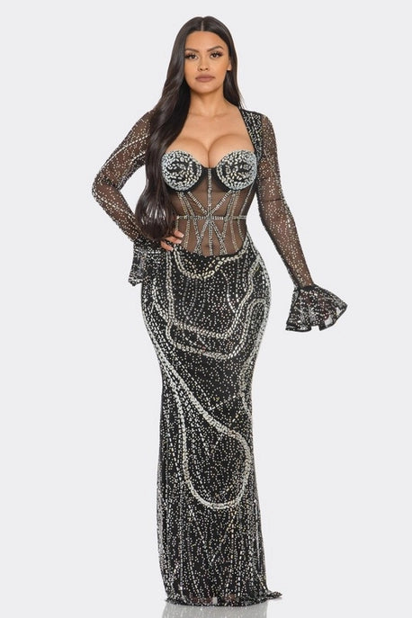 Robe Maxi Silhouette Ajustée avec Strass