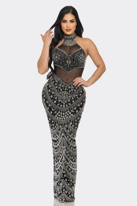 Robe Maxi à Col Ras du Cou avec Strass